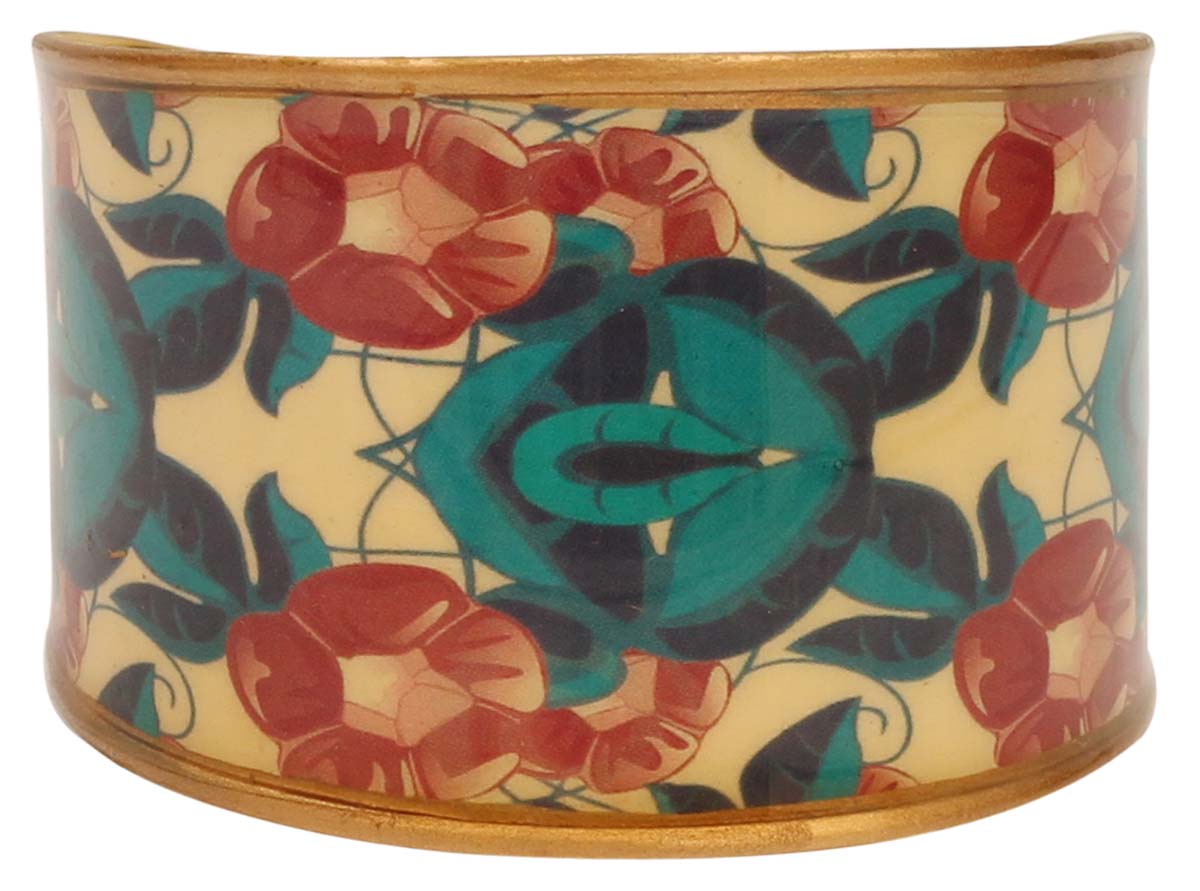 2.6” Brass Cuff Bracelet with Floral Blue Pink Pattern - Golden Tone - Elegant Accessories / Jewelry / Gifts for Her - Buy in Bulk Wholesale